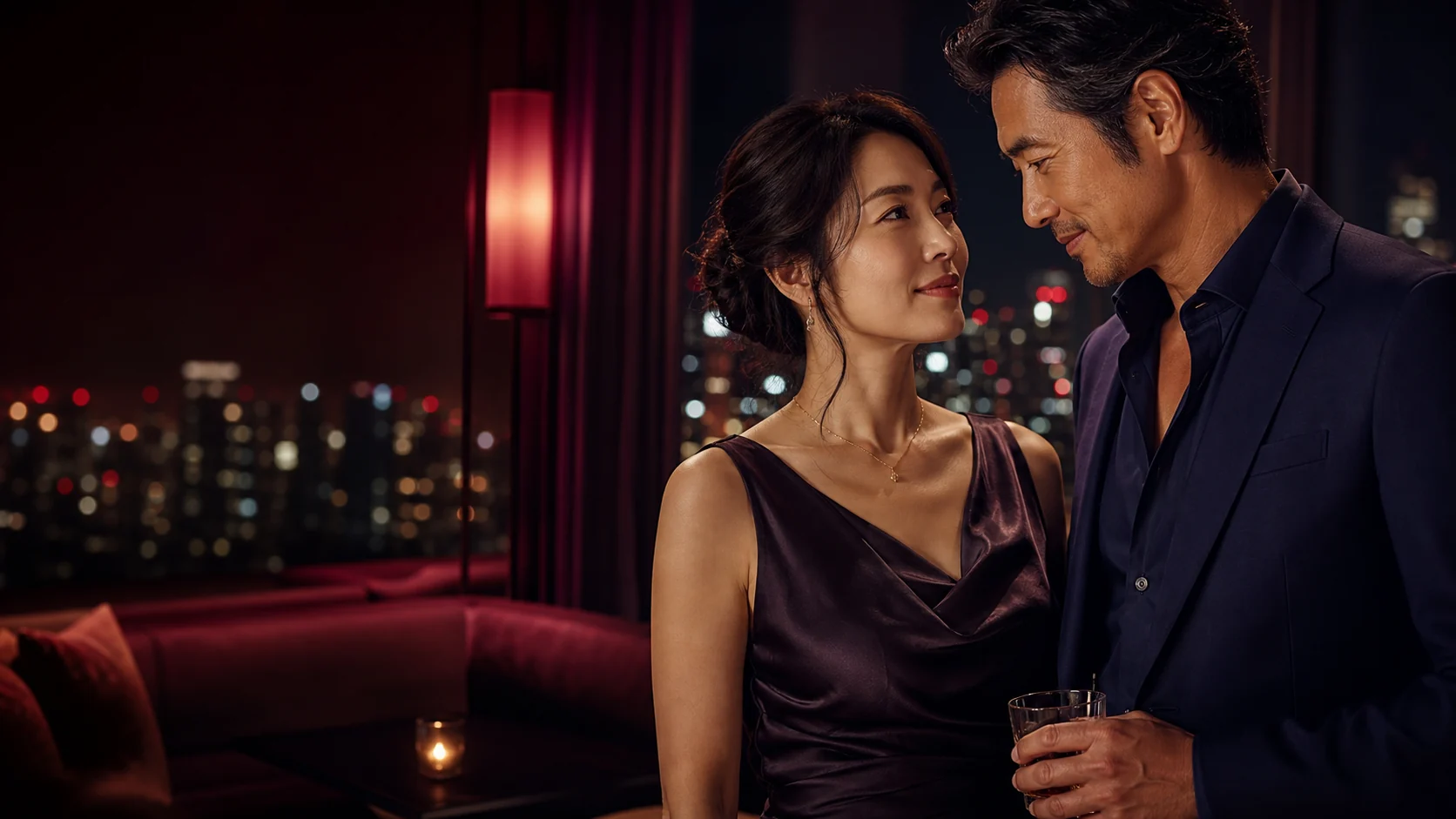 夜景の見えるラウンジで向き合う成人男女